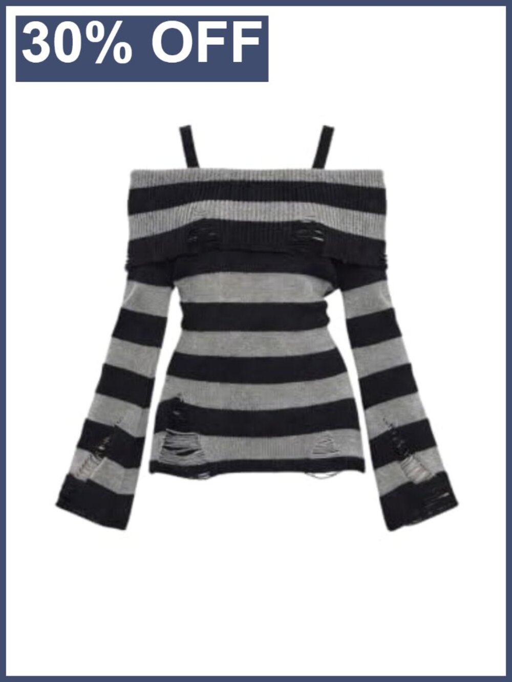 Off Shoulder Striped Sweater Goth Distressed Pullover Long Sleeve Cinched Waist